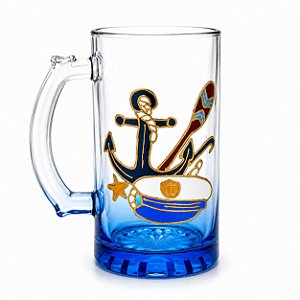 Caneca de Vidro P/ Marinheiro C/ Estampa de Ancora Quepe e Fundo Azul
