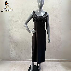 Malinus, Vestido PT longo c/bordado no busto e fenda atrás, Tam P