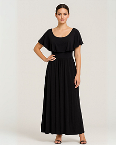 KARAMELO – Vestido Preto em Viscose com Babado na Gola | Tam. P