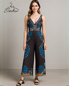 ZINZANE – Macacão Preto Estampado com Laterais Florais | Tam. M (Novo)