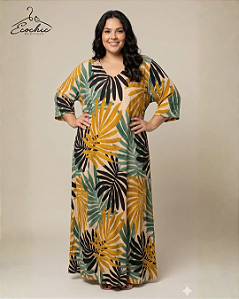 (NOVO) – VESTIDO LONGO ESTAMPA TROPICAL MANGA 3/4