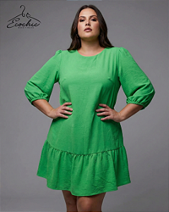 LIZIE | VESTIDO VERDE MANGA 3/4 COM ELÁSTICO E BABADO