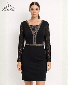 KESSES | VESTIDO PRETO COM MANGAS E DECOTE EM RENDA