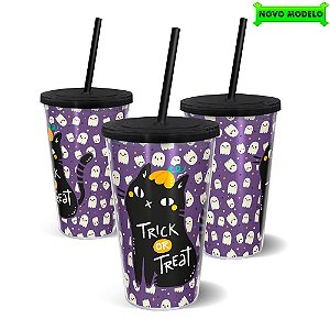 Copo Canudo Parede Dupla 500ml HALLOWEEN Gato Preto - Beek