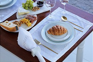 Lugar Americano Linho Branco Bordado Bege