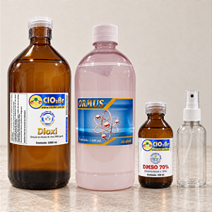Combo Vitalidade — Dioxi 3.000 ppm 1 L em VIDRO + Ormus 1 L + DMSO 70% 100 mL