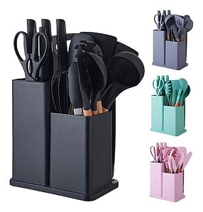 Kit Conjunto Utensílios Silicone Facas Tabua De Cortar 19pç Colors
