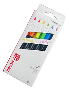 Caneta Marcador Brush Pen Neon Newpen 6 Cores Aquareláveis Sortido