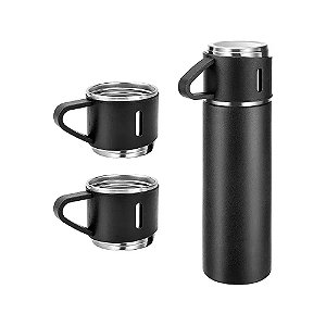 Kit Garrafa Térmica Inox Vacuum Flask Set 3 Xícaras Preto - 500ml
