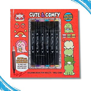 Cute & Comfy Coloring Book For Adults Bold Easy Special Edition Livro De Colorir Adulto Criança 6 Canetas Presente