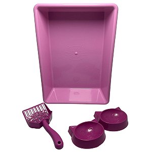 Kit Caixa Areia Gatos Bandeja Comedouro Pá Higiênica Rosa