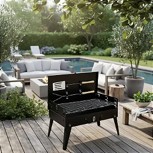 Churrasqueira Portátil Preta Dobrável Maleta com Acessórios