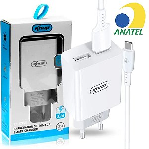 CARREGADOR DE TOMADA ENTRADA 110/220V SAIDA USB 5VDC ACOMPNHA CABO CONECTOR TYPE-C KP-IC021/C KNUP