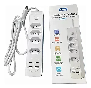 EXTENSAO ELETRICA 2 METROS 4 TOMADAS 2 USB 2 USB TYPE-C BX2204 KNUP