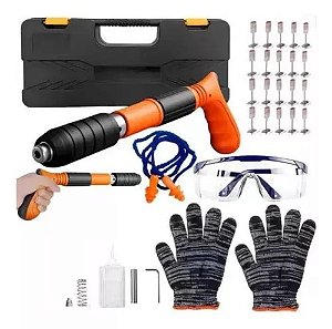 PISTOLA DE FIXACAO DE PREGO NA PAREDE ACOMPANHA OCULOS DE PROTECAO LUVA PROTECAO DE OUVIDO 20 PREGOS DE FIXACAO EXBOM