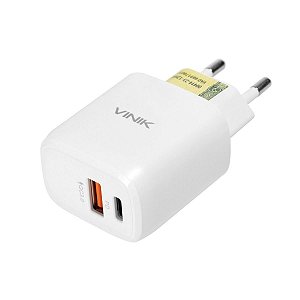 CARREGADOR 20W COM DUAS SAIDAS 1 SAIDA USB 12V 1.5A QUICK CHARGE (18W) E 1 SAIDA TIPO C 12V 1.67A VINIK