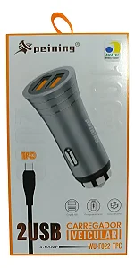 KIT CARREGADOR VEICULAR 2 PORTAS USB-A MAIS CABO TIPO C WU-F022 TPC PEINING