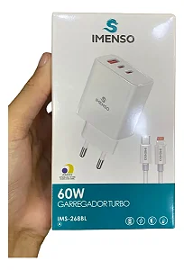 CARREGADOR TURBO 65W 3 PORTAS 1 USB-A 2 USB-C 1 CABO TIPO-C PARA TIPO-C IMS-268PCB IMENSO