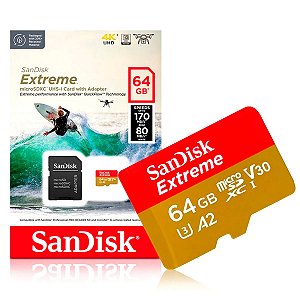 CARTAO DE MEMORIA 64GB MICRO SD EXTREME 4K U3 A2 V30 SDSQXAH-064G-GN6AA SANDISK
