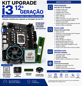 KIT UPGRADE I3 12 GERAÇAO 8GB DE RAM