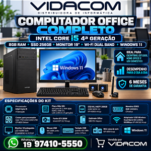 COMPUTADOR OFFICE CORE I5 240GB 8GB DE RAM FONTE 200W TECLADO E MOUSE MONITOR E CAIXA DE SOM WIFI DUAL BAND WINDONS 11