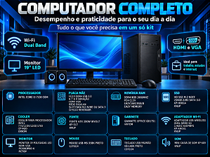 COMPUTADOR OFFICE CORE I3 240GB 8GB DE RAM FONTE 200W TECLADO E MOUSE MONITOR E CAIXA DE SOM WIFI DUAL BAND WINDONS 11