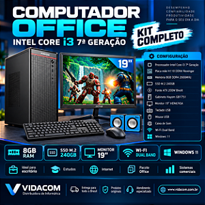 COMPUTADOR OFFICE I3 7100 240GB 8GB DE RAM FONTE 200W TECLADO E MOUSE MONITOR E CAIXA DE SOM WIFI DUAL BAND WINDONS 11