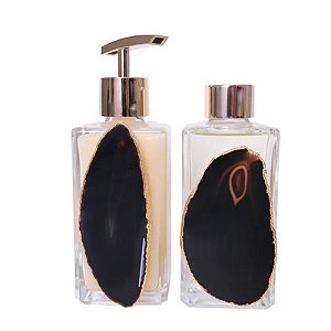 Kit Lavabo Com Pedra Natural Em Ágata Preta Banhada