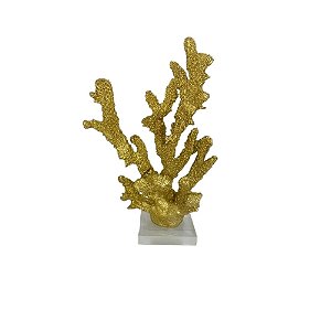 Escultura Coral Em Resina E Base Em Acrílico Dourada