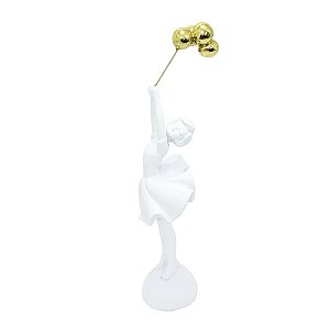 Escultura Em Resina Branca Menina Com Balao Dourado