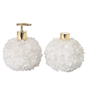 Kit Lavabo Difusor E Saboneteira Pontas De Quartzo Branco E Dourado