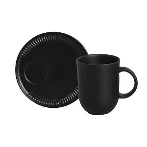 Kit Caneca Stoneware Com Pires Preto Matte - Porto Brasil