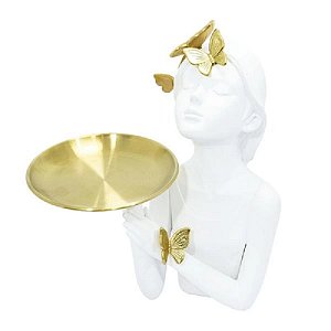 Escultura Em Resina Branca Menina Com Bandeja - Lucatti