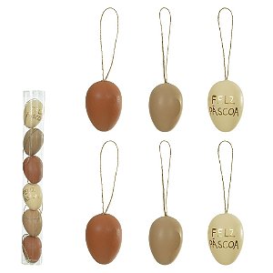 Enfeite Ovo De Páscoa Com 6 Bege E Marrom 6cm - Florarte