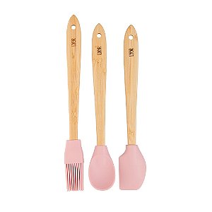 Cj 3 Utensílios De Silicone Com Cabo De Bambu Rosa - Lyor