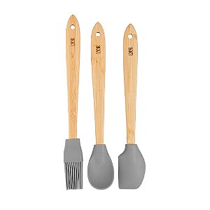 Cj 3 Utensílios De Silicone Com Cabo De Bambu Cinza - Lyor