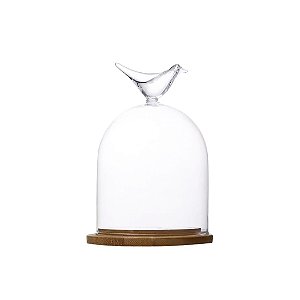 Redoma Vidro Passarinho Com Madeira 11x15CM - Lilian Design