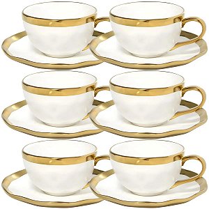 Kit 6 Xícaras Porcelana Branco E Dourado Dubai 200ml - Wolff