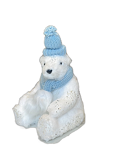 Urso Branco Sentado (Cachecol Azul) - 20cm - Tokdacasa