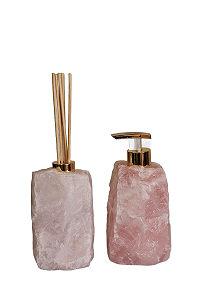 Kit Lavabo Difusor E Saboneteira Pedra Quartzo Rosa Bruto