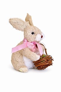 Coelho C/Laço Segurando Cesta Bege/Rosa - C/1 UN - Tokdacasa