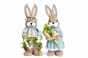 Decoração Casal De Coelhos Roupa Azul - 34cm - Tokdacasa