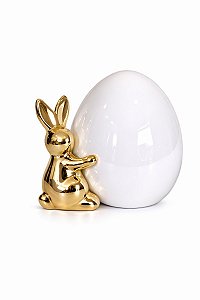 Decoração Ovo E Coelho Branco/Ouro - 15cm - Tokdacasa