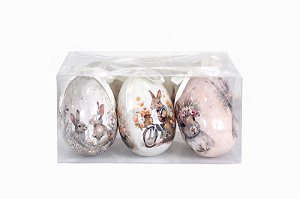 Jogo C/6 Ovos Decorativos Coelhos/Branco - 7cm - Tokdacasa