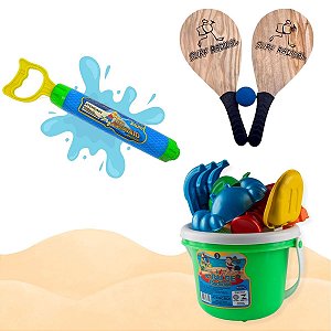 Kit Brinquedo de Praia com Balde RB03 Lança Água e Raquete