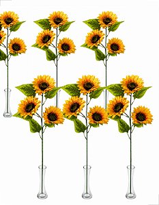 Kit 6 Galhos Girassol Artificial Grande 3 Flores  Haste Luxo