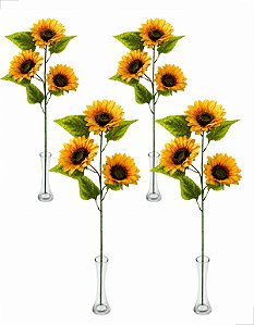 Kit 4 Galhos Girassol Artificial Grande 3 Flores  Haste Luxo