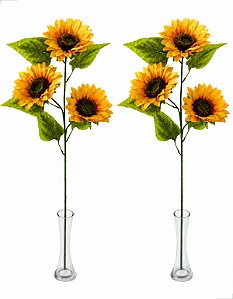Kit 2 Galhos Girassol Artificial Grande 3 Flores  Haste Luxo