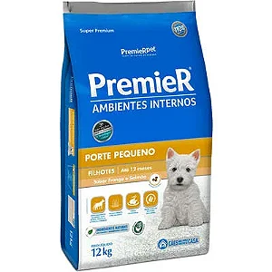 RAÇÃO SECA PREMIER CÃO FILHOTE RAÇAS PEQUENAS AMBIENTES INTERNOS FRANGO E SALMÃO 12KG