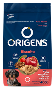 BISCOITO ORIGENS CÃO ADULTO RAÇAS PEQUENAS E MINI FRUTAS VERMELHAS, LINHAÇA E CEREAIS 400G